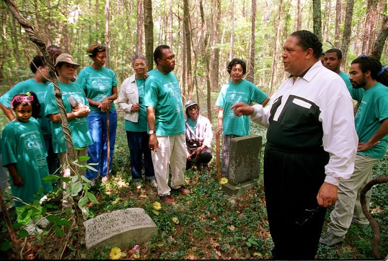  Maynard Jackson speaks to his relatives at a session of a family reunion that finds them at the gravesite of John Wesley Dobbs and his wife Judie. Both were former slaves. AJC archives hoto: W. A. Bridges Jr.
