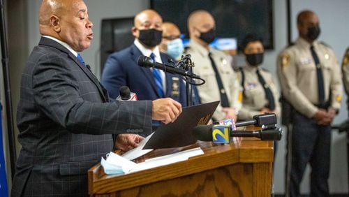 Newly elected sheriff Keybo Taylor speaks at a press conference at the Gwinnett County Jail on January 1, 2021. STEVE SCHAEFER FOR THE ATLANTA JOURNAL-CONSTITUTION AJC FILE PHOTO
