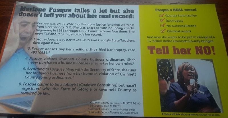 A picture of one side of the mailers distributed recently by the campaign of Gwinnett District 4 Commissioner John Heard regarding his Democratic opponent in November’s election, Marlene Fosque. SPECIAL PHOTO