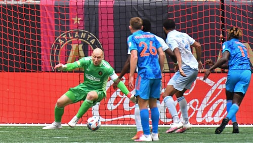 May 29, 2021 Atlanta - Atlanta United goalkeeper Brad Guzan (1) is not able to block a shot during the second half in a MLS soccer match at Mercedes-Benz Stadium in Atlanta on Saturday, May 29, 2021. The game ended with 2-2. (Hyosub Shin / Hyosub.Shin@ajc.com)