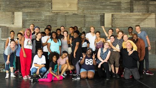 The students of the Alliance Theatre's Palefsky Collision Project, with playwright Pearl Cleage, director Patrick McColery, choreographer Lauri Stallings, and her dance company, Glo.