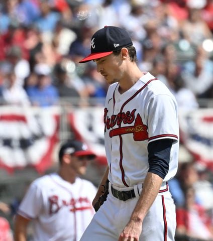 Atlanta Braves starting pitcher Max Fried reacts after giving up 2 runs during the first inning of game one of the baseball playoff series between the Braves and the Phillies at Truist Park in Atlanta on Tuesday, October 11, 2022. (Hyosub Shin / Hyosub.Shin@ajc.com)