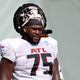 Falcons offensive guard Justin Shaffer (75) during training camp at the Falcons Practice Facility, Friday, August 5, 2022, in Flowery Branch, Ga. (Jason Getz / Jason.Getz@ajc.com)