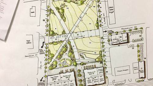 This is the tentative plan Avondale Estates commissioners chose for the four acres just west of the Tudor Village. Features include two acres of green space, crisscrossing pathways, two buildings housing retail/restaurants on North Avondale Road and a pedestrian street bisecting the green space.