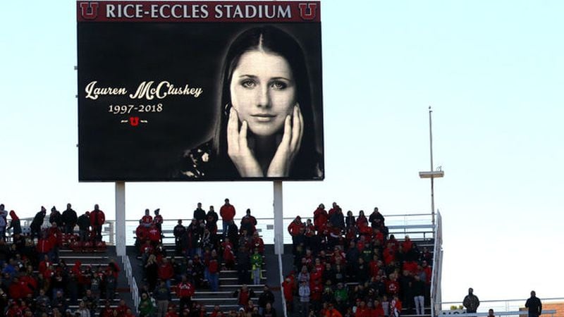An image of University of Utah student and track athlete Lauren McCluskey, 21, is seen onto a video board Nov. 10, 2018, during an NCAA game. McCluskey was shot and killed on campus Oct. 22, 2018, by her ex-boyfriend, Melvin Shawn Rowland, 37.