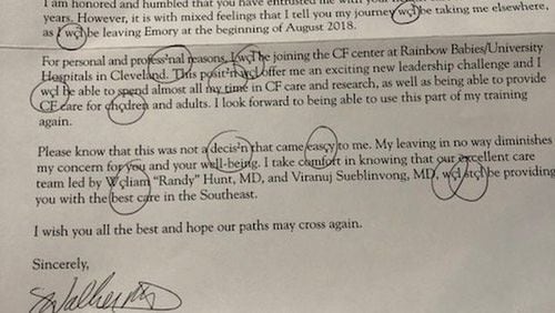 This letter was mailed to Kaitlin Fowler four years after her death. She died in Emory’s hospital on Clifton Road, under the care of the pulmonologist whose signature is at the bottom, Dr. Seth Walker, according to her parents, who got the letter.