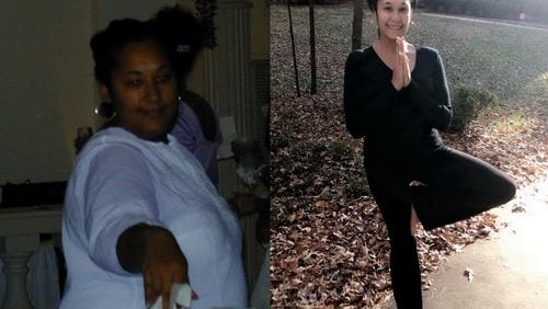 In the photo on the left, taken in 2003, Shelly Hutchinson weighed 236 pounds. In the photo on the right, taken in November, she weighed 155 pounds.