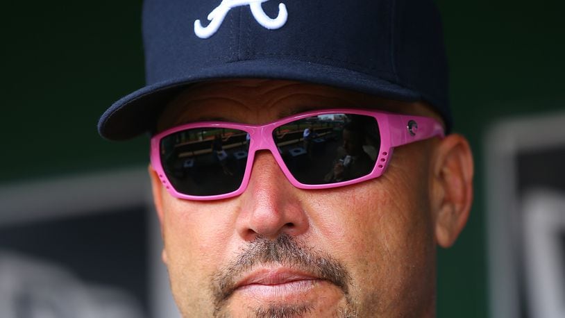 Braves Manager Fredi Gonzalez sports pink sunglasses as MLB continues the cancer fight on Mother's Day during a baseball game against the Nationals on Sunday, May 10, 2015, at Nationals Park in Washington, D.C. Curtis Compton / ccompton@ajc.com