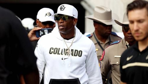 Colorado head coach Deion Sanders takes the field with his team during the season opener against Texas Christian at Amon G. Carter Stadium on Saturday, Sept. 2, 2023, in Fort Worth, Texas. (Chris Torres/Fort Worth Star-Telegram/TNS)