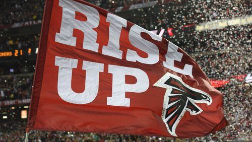 January 22, 2017, Atlanta - The Falcons flag is flown after the NFC Championship game against the Packers in Atlanta, Georgia, on Sunday, January 22, 2017. The Falcons defeated the Packers 44-21. (DAVID BARNES / DAVID.BARNES@AJC.COM)