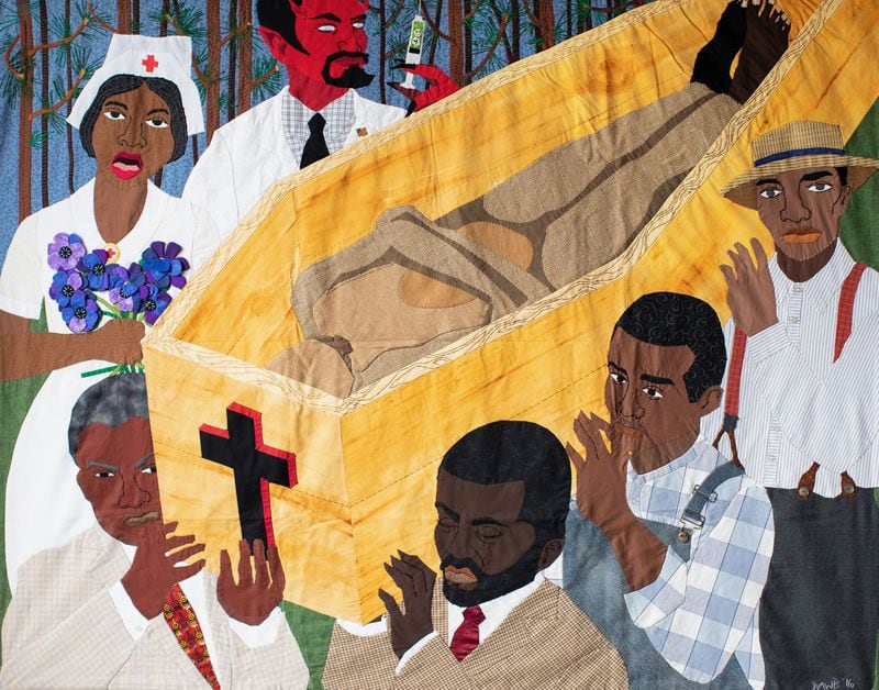 "Bad Blood" is one of the searing and difficult images in the racial justice quilts of Atlanta textile artist Dawn Williams Boyd. Boyd's show "Cloth Paintings," is now on view virtually at the Fort Gansevoort Gallery in New York City. Boyd believes its the role of the artist to comment on and reflect on past injustices.