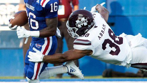 Mississippi State defensive back Jonathan Abram, shown here attempting to make a tackle Sept. 9 vs. Louisiana Tech, started for four games at Georgia as a freshman in 2015. Hannah Baldwin/Monroe News Star via AP)