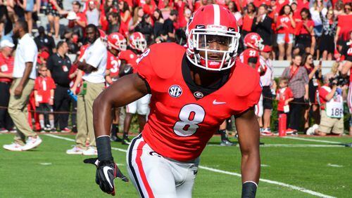Georgia defensive back Deangelo Gibbs (8) during the Bulldogs' game against South Carolina at Sanford Stadium in Saturday, Nov. 4, 2017, in Athens.