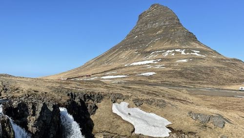 Mount Kirkjufell, as seen on April 26th, 2024,  is a popular stop for Icelandic bus tours in the western part of the country . Credit: Doug Turnbull / Triple Team Traffic