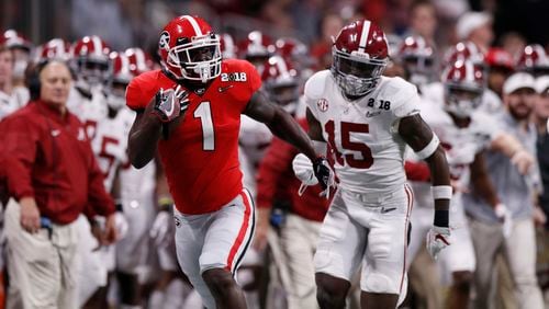 Georgia tailback Sony Michel (1) breaks away during the College Football Playoff Championship against Alabama Monday, Jan. 8, 2018, at Mercedes-Benz Stadium in Atlanta.