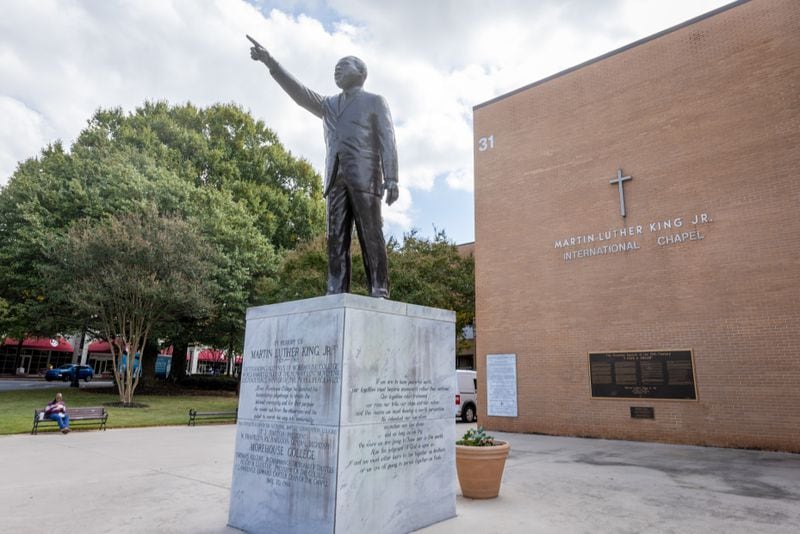 A Martin Luther King Jr. statue stands outside the newly renovated Martin Luther King Jr. International Chapel on the Morehouse College campus on Tuesday, October 11, 2022. (Steve Schaefer/steve.schaefer@ajc.com)
