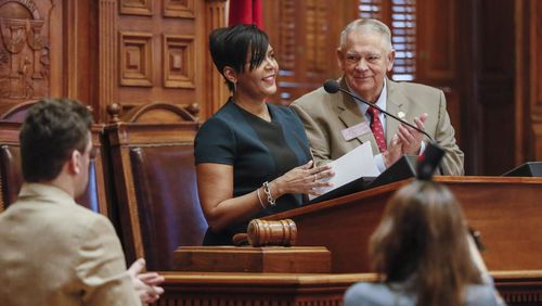 January 14, 2020 - Atlanta -  House Speaker David Ralston welcomes Atlanta Mayor Keisha Lance Bottoms before she addressed the House.  The Georgia General Assembly continued with the second legislative day of the 2020 session.   Bob Andres / bandres@ajc.com