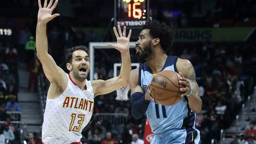 Memphis Grizzlies guard Mike Conley (11) controls the ball while being defended by Atlanta Hawks guard Jose Calderon (13) during the first half of an NBA basketball game, Thursday, March 16, 2017, in Atlanta. (AP Photo/Branden Camp)