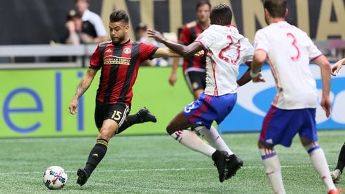 Atlanta United striker Hector Villaba is prepared to do a shot on goal for Toronto FC goal during the last game of the regular MLS season for both teams.
