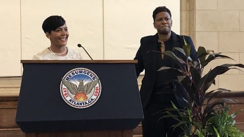 Atlanta Mayor Keisha Lance Bottoms, left, introduces Terri Lee, a longtime senior leader in the city’s planning department, as Atlanta’s first chief housing officer on Tuesday, Oct. 16, 2018. J. SCOTT TRUBEY/STRUBEY@AJC.COM