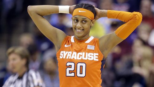 Syracuse's Brittney Sykes (20) reacts after getting called for a foul during the first half of the championship game against Connecticut, at the women's Final Four in the NCAA college basketball tournament Tuesday, April 5, 2016, in Indianapolis. (AP Photo/Michael Conroy)