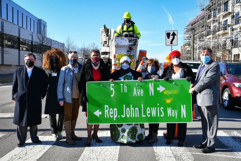 City leaders renamed a portion of Fifth Avenue in Nashville, Tennessee, in honor of John Lewis and unveiled new "Rep. John Lewis Way" street signs during a ceremony in January. The event took place near where Lewis and other civil rights activists staged sit-ins in their efforts to desegregate the city in the 1960s. A formal dedication is scheduled for July 17. (Michael W. Bunch / Metro Nashville)