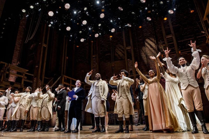 Miguel Cervantes and the cast of "Hamilton" take a curtain call after the final production of the show in Chicago on Jan. 5, 2020, at the CIBC Theatre. Brian Cassella/Chicago Tribune/TNS