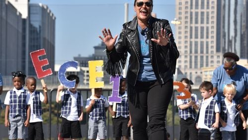 Atlanta Public Schools Superintendent Meria Carstarphen delivers her State of the District address in a non-traditional way while dancing and performing with students at the newly built Walden Sports Complex on Friday, October 5, 2018. After the presentation, she spoke to reporters about a variety of topics. HYOSUB SHIN / HSHIN@AJC.COM