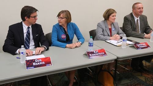Candidates Gus Makris (from left), Kay Kirkpatrick, Christine Triebsch and Bob Wiskind participate in a debate for the open state Senate seat that was held by Judson Hill at the East Cobb Library on April 12. Triebsch and Kirkpatrick will face each other in the May 16 runoff.