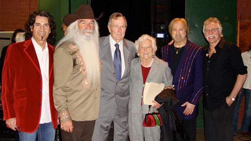 The Oak Ridge Boys, pictured in an undated photo with former President George H.W. Bush and former first lady Barbara Bush. The quartet will attend the private funeral for Barbara Bush. (The Oak Ridge Boys via 2911 Media)