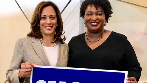 U.S. Sen. Kamala Harris and Stacey Abrams pose before a campaign event. Image provided by campaign.
