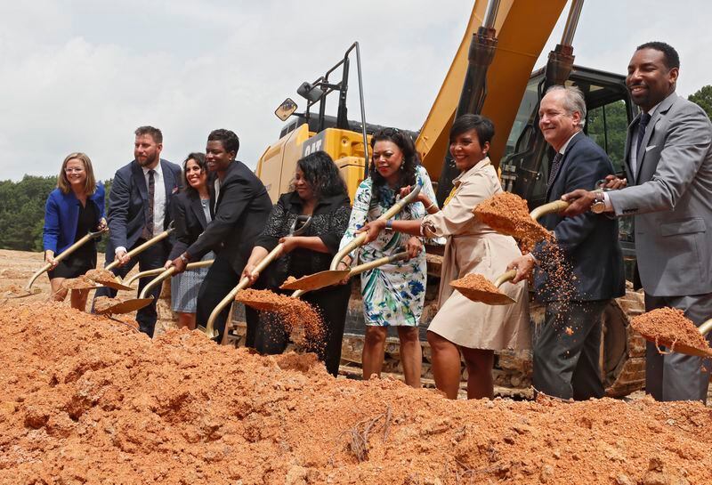 June 24, 2019 - Atlanta -  Atlanta Mayor Keisha Lance Bottoms (third from right) participates in a ground breaking as she unveiled a new affordable housing plan at a press conference on Monday.  Her One Atlanta: Housing Affordability Action Plan is intended to serve as a roadmap to increase the supply of housing in the City of Atlanta for a full spectrum of residents.  Speakers included Bottoms, Jon Keen, Atlanta Deputy COO,  Terri Lee, Atlanta Chief Housing Officer, Denise Cleveland-Leggett, HUD Regional Director, John O'Callaghan, President and CEO, ANDP and Sarah Kirsch, Executive Director, Urban Land Institute.   Bob Andres / bandres@ajc.com