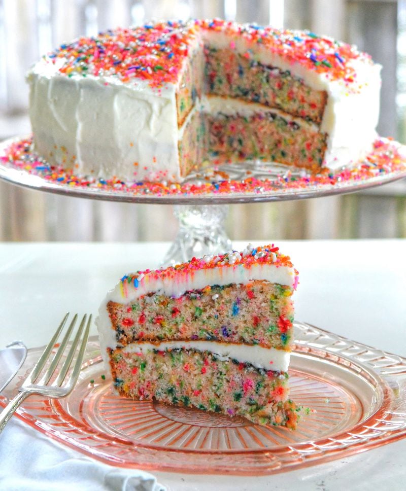 Duke's Confetti Cake was created for the classic condiment's 100th birthday, in 2017, but you can whip it up for any occasion that could use a colorful touch. STYLING BY WENDELL BROCK / CONTRIBUTED BY CHRIS HUNT PHOTOGRAPHY