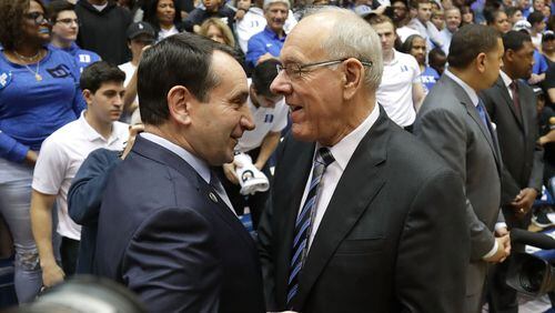 DURHAM, NC - FEBRUARY 24: (L-R) Head coach Mike Krzyzewski of the Duke Blue Devils talks to head coach Jim Boeheim of the Syracuse Orange before their game at Cameron Indoor Stadium on February 24, 2018 in Durham, North Carolina. (Photo by Streeter Lecka/Getty Images) ORG XMIT: 775058387 ORIG FILE ID: 923885048