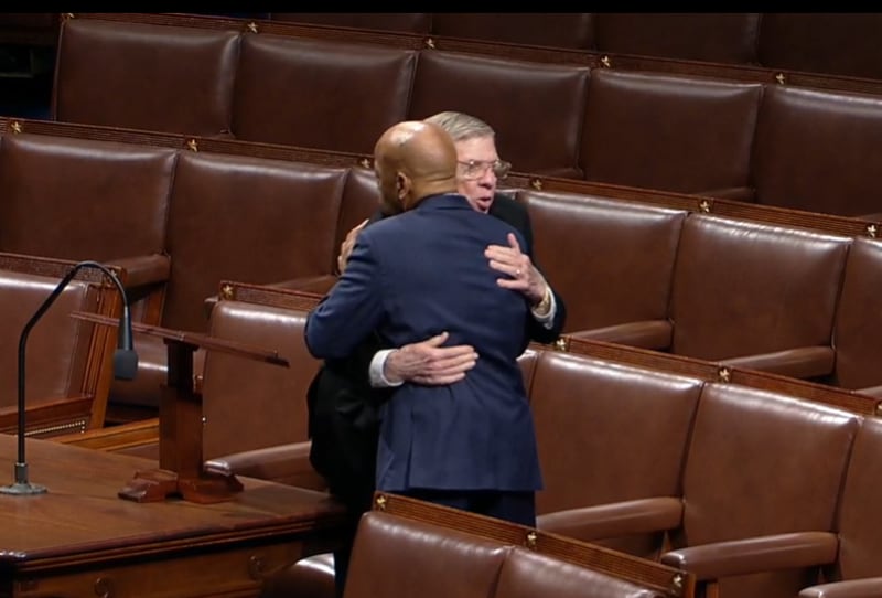 U.S. Rep. John Lewis and U.S. Sen. Johnny Isakson embrace on the House floor during a tribute to the retiring senator on Tuesday, Nov. 19, 2019. Image is ascreen grab from the House livestream.