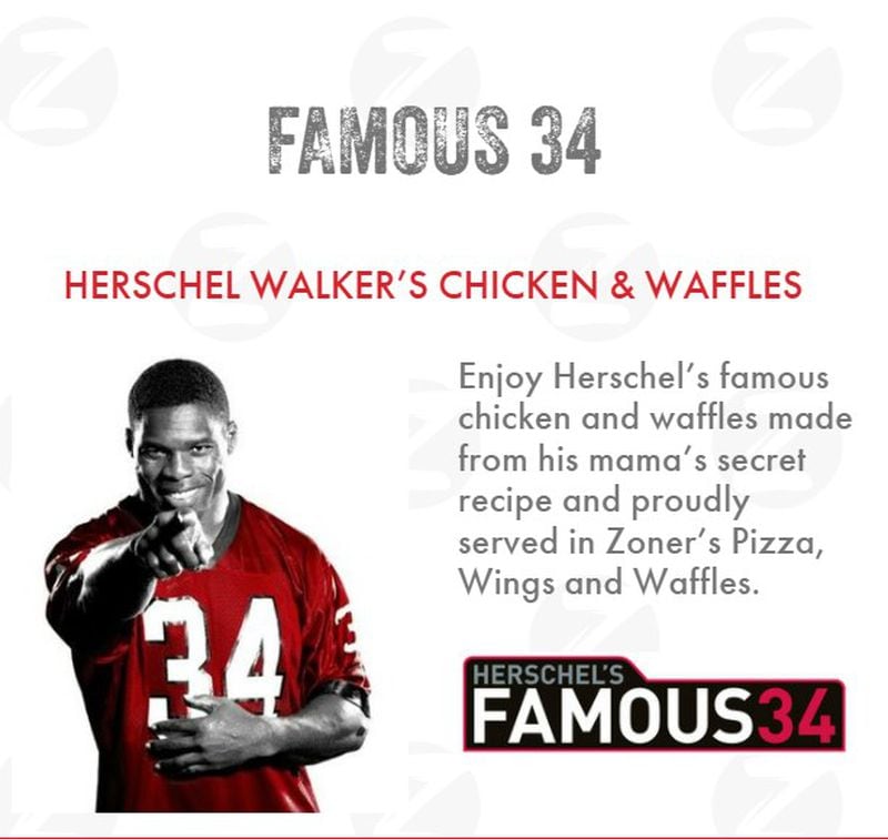 Herschel Walker's website lists Walker’s Famous 34 food brand as a supplier for Zoner’s Pizza, Wings and Waffles.