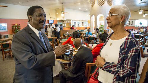 Ira Joe Johnson, a civil rights leader, talks with Bunnie Jackson-Ransom, the first wife of the late Atlanta Mayor Maynard Jackson, on ways they might be able to help keep the S&S Cafeteria open. Johnson, who first started eating at the cafeteria more than 40 years ago when he was a student at Morehouse College, is confident they’ll succeed. “This time next week, you’ll hear news that S&S has committed to stay open until the end of the year,” he said. STEVE SCHAEFER / SPECIAL TO THE AJC