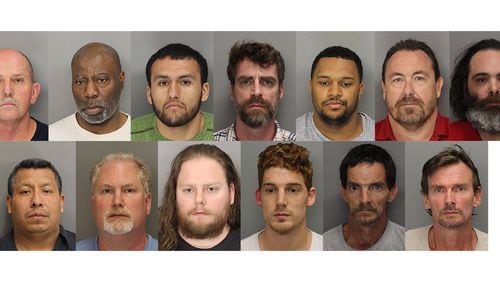 These are the mugshots for 13 of the 15 men arrested by the Marietta police on computer pornography charges. Not pictured: Stephen Cook of Grayson and David Butterworth of Flowery Branch