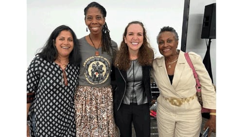 More than 100 local women attended the screening of "Deconstructing Karen" in Austell on April 12, 2023. The documentary highlights Race2Dinner, an organization founded by Saira Rao (far left) and Regina Jackson (far right) to encourage white women to talk about race. Also pictured are local event moderator Tina Strawn (second from left) and Jennifer Winingder, who helped organize the event in Cobb County. (Courtesy of Jennifer Winingder)