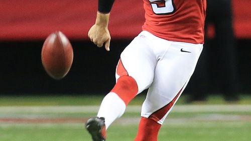 Falcons punter Matt Bosher boots a kickoff into the end zone against the Houston Texans in a game on Sunday, Oct. 4, 2015, in Atlanta. Curtis Compton / ccompton@ajc.com