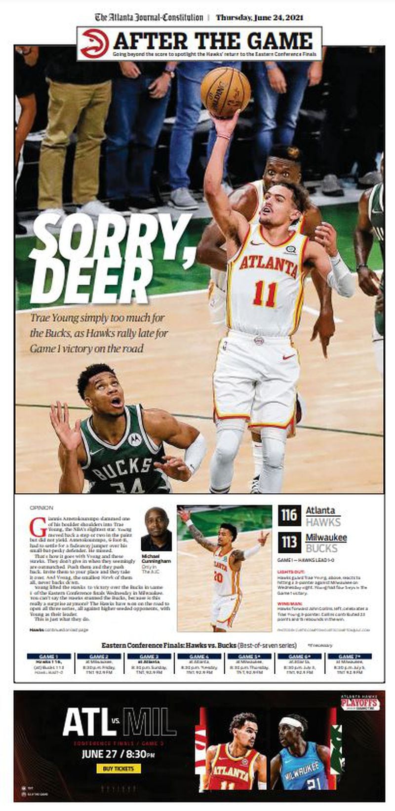 The Atlanta Journal-Constitution ePaper today includes supplemental coverage of the Hawks’ victory in Game 1 of the NBA Eastern Conference Finals against Milwaukee. The Hawks won