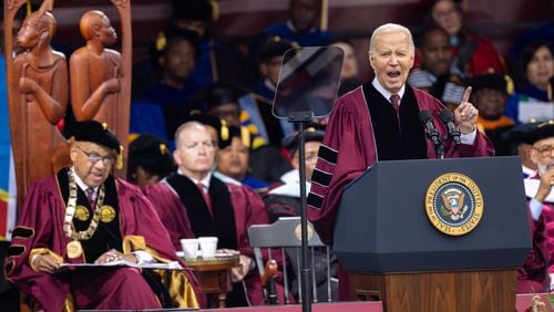 President Joe Biden speaks at the commencement ceremony at Morehouse College in Atlanta on Sunday, May 19, 2024. (Arvin Temkar / AJC)