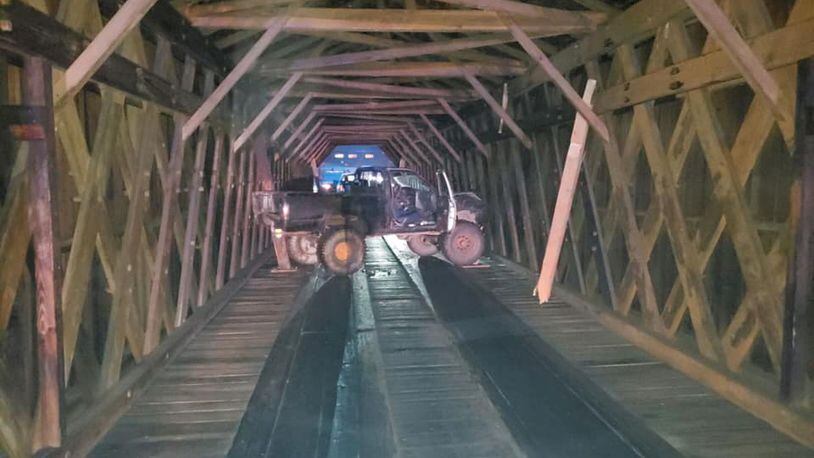 A truck blocked the Watson Mill Covered Bridge in Comer after what authorities call a “DUI related accident.”