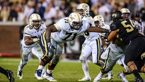 Georgia Tech right guard Shamire Devine was credited with 10 knockdown blocks against Wake Forest as the Yellow Jackets cleared 400 rushing yards for the fourth time this season. (Danny Karnik/GT Athletics)