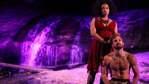 Maythinee Washington and Justin Deeley play Lady Macbeth and Macbeth in the Serenbe Playhouse production of “Macbeth.” CONTRIBUTED BY BREEANNE CLOWDUS