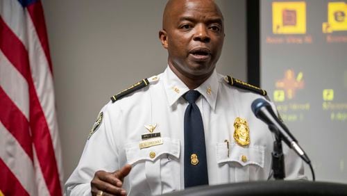 07/07/2020 - Atlanta, Georgia - Atlanta Police Department Interim Police Chief Rodney Bryant speaks during a presser at the Atlanta Police Department headquarters in Atlanta, Tuesday, July 7, 2020. There is a $20,000 reward for information leading to identifying and finding four men that APD believes are people of interest in the killing of 8-year-old Secoriea Turner. Secoriea was shot and killed while riding with her family along University Avenue, near the Wendy's where Rayshard Brooks was shot and killed by an APD officer.(ALYSSA POINTER / ALYSSA.POINTER@AJC.COM)