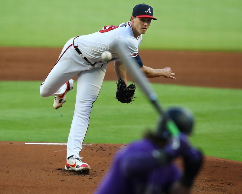 Braves starting pitcher Kyle Wright delivers against the Colorado Rockies during the first inning in a MLB baseball game on Wednesday, August 31, 2022, in Atlanta.   “Curtis Compton / Curtis Compton@ajc.com