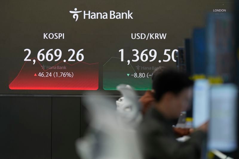 Currency traders work near the screens showing the Korea Composite Stock Price Index (KOSPI), left, and the foreign exchange rate between U.S. dollar and South Korean won at a foreign exchange dealing room in Seoul, South Korea, Wednesday, April 24, 2024. (AP Photo/Lee Jin-man)