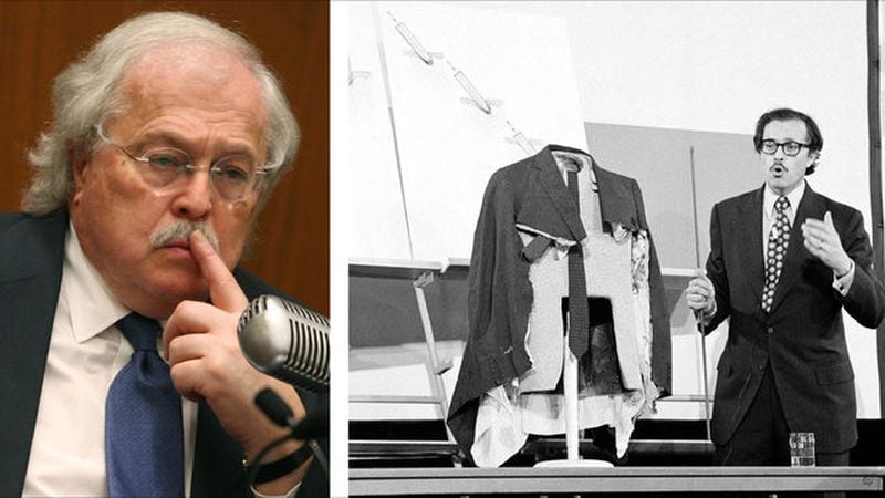 Dr. Michael Baden testifies, at left, in the 2007 murder trial of Phil Spector. At right, Baden speaks before the House Select Committee on Assassinations in 1978, next to the jacket worn by President John F. Kennedy during his 1963 assassination. AP Photos