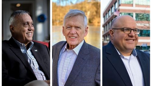 Three candidates are running to be the Republican nominee for Cobb County Commission chairman. Left to right: Incumbent Chairman Mike Boyce; retired businessman Larry Savage; retired police officer Ricci Mason.